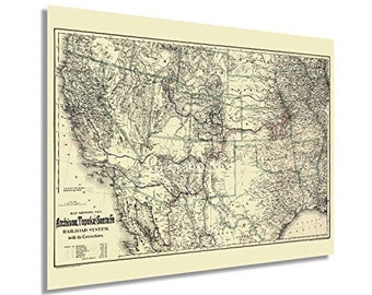 May include: A vintage map showing the Atchison, Topeka and Santa Fe Railroad System in the United States. The map is printed in black and white on a cream-colored background.