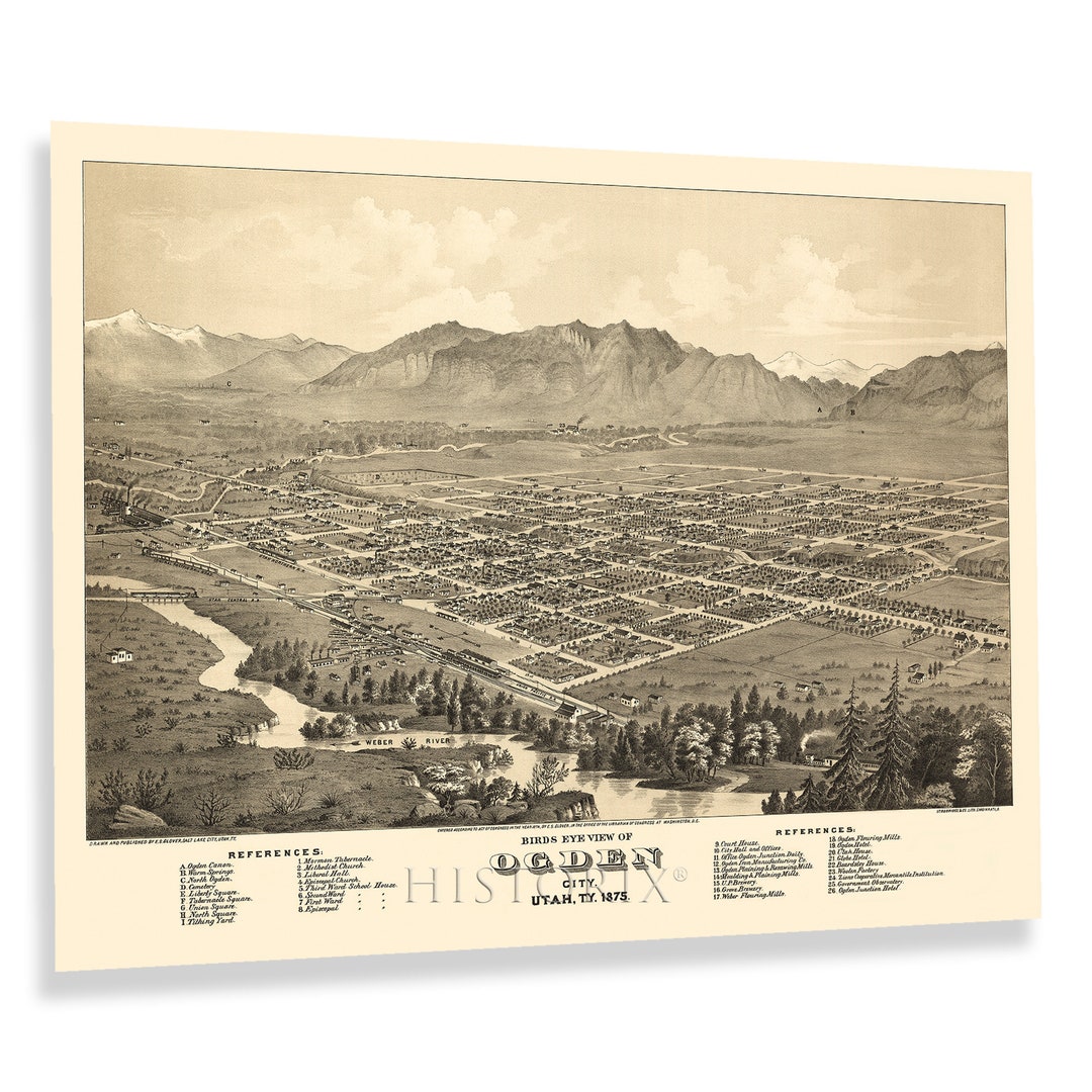 1875 Ogden Utah Map Poster - Old Bird's Eye View Map of Ogden City Utah ...
