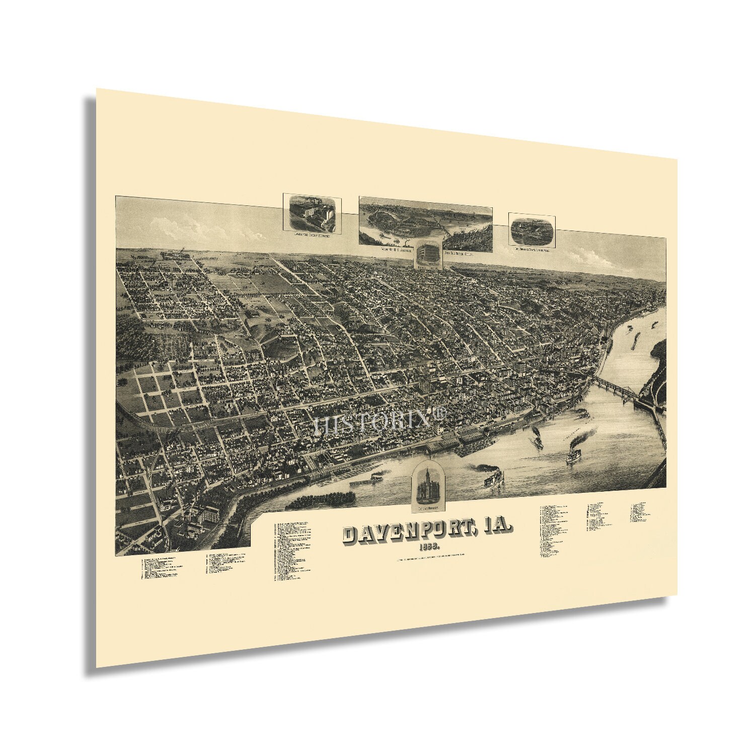 1888 Davenport Iowa Map - Davenport Wall Art - Davenport Scott County Iowa Map History - Old Davenport Map of Iowa Wall Art Poster Print
