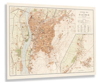May include: A vintage map of Cairo, Egypt, with detailed street names and landmarks. The map is printed in brown, green, and black ink on a cream-colored background. The title "GENERAL MAP of CAIRO" is printed in the upper right corner.