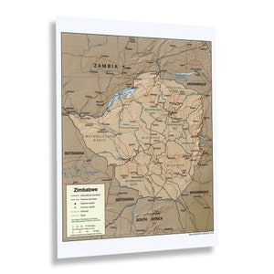 May include: A detailed map of Zimbabwe with province boundaries, major cities, and roads. The map is in shades of brown and beige with blue rivers and lakes. The map includes a legend with symbols for international and national boundaries, national capital, province capitals, and railroads.