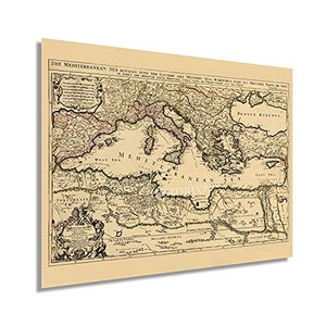 1680 Mediterranean Sea Map - Old Map of the Mediterranean - History Mediterranean Map Divided Into Principal Parts or Seas Wall Art Poster