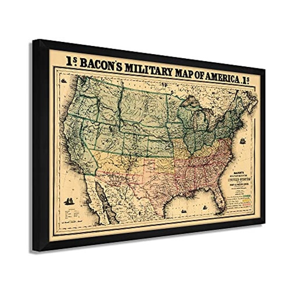 1862 USA Map - Framed Vintage Map of USA - Restored Bacon's