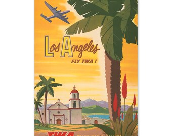 Impression d'affiche de voyage à Los Angeles en 1950 - affiche de compagnie aérienne vintage, affiche d'art mural Fly TWA, affiche de Los Angeles en Californie par Bob Smith