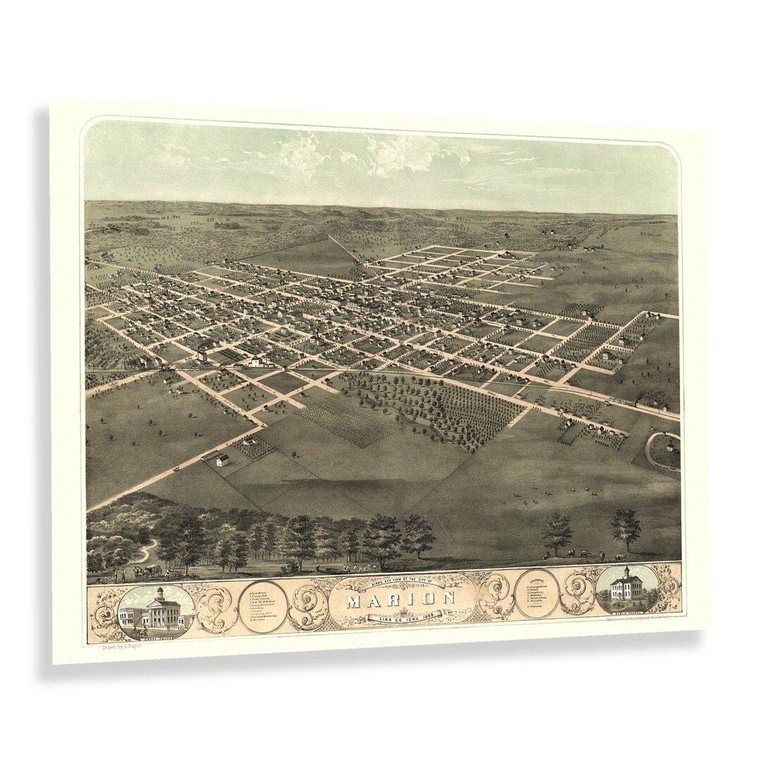 1868 Marion Iowa Map Poster Bird's Eye View of Marion Etsy