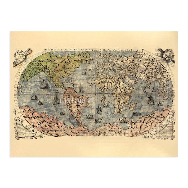 1565 World Map Poster Old Map of the World History Map of the Universal