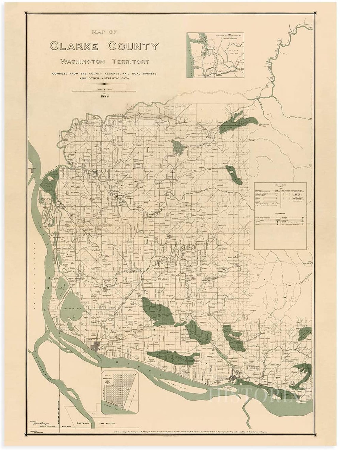 1888 Clark County Washington Map Poster Vintage Vancouver Etsy