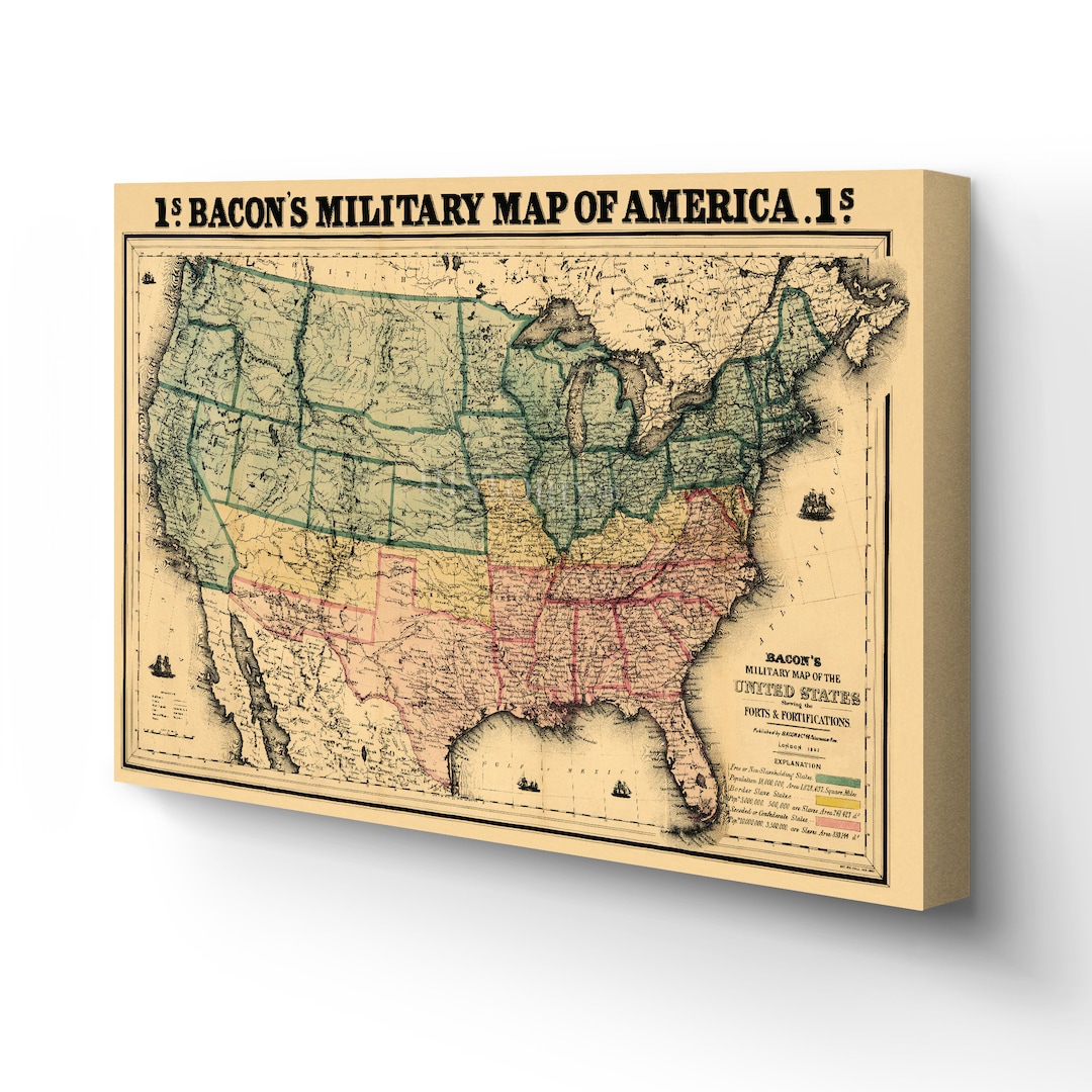 1862 USA Map Canvas Art Canvas Wrap Vintage Map of USA Restored USA Map