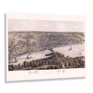 1867 Peoria Illinois Map Poster - Old Bird&#39;s Eye View Map of Peoria Illinois Poster - Vintage Peoria IL Wall Art Print