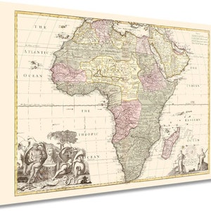 May include: An antique map of Africa from the 18th century. The map is printed on paper and features a detailed outline of the continent with various regions labeled in a handwritten font. The map is framed in a gold-colored border.