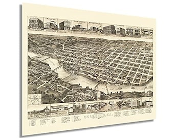 Może przedstawiać: Antyczna czarno-biała mapa Columbus, GA. Mapa przedstawia ulice i budynki miasta w szczegółach. Mapa nosi tytuł "Columbus, GA."