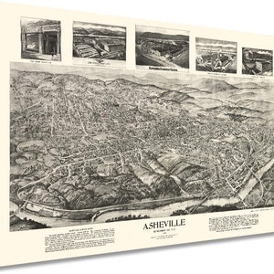 1912 Asheville Map - Vintage Map of Asheville North Carolina Wall Art - Old Asheville NC Poster - Historic Bird&#39;s Eye View of Asheville NC