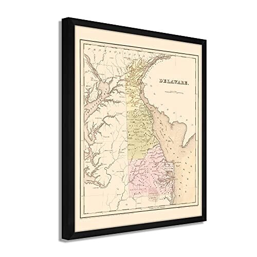 1838 Delaware State Map - Framed Vintage Delaware Map - History Map of Delaware Poster Showing Minor Civil Division Wall Art Poster Print
