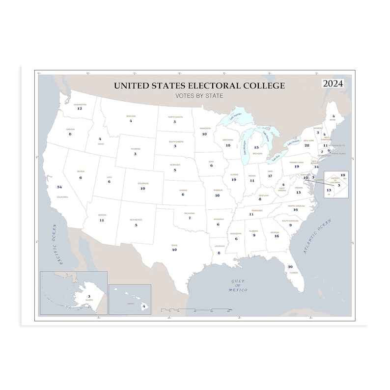 2024 Updated United States Electoral College Votes by State Map Poster