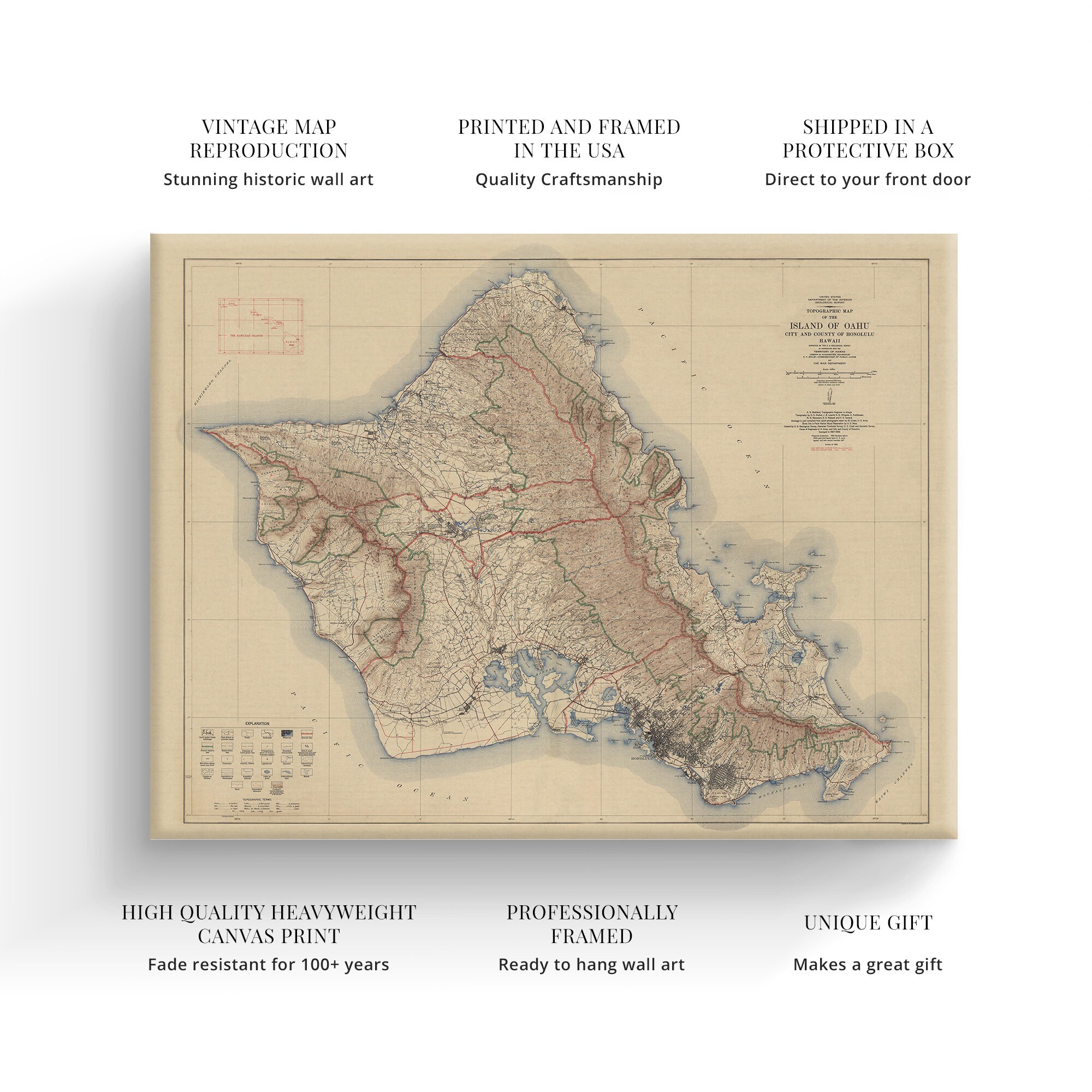 1938 Oahu Hawaii Map - Canvas Wrap Vintage Oahu Map - Historic
