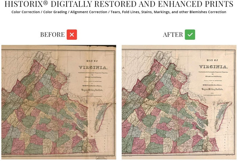 1871 State Map of Virginia Vintage Map Wall Art Vintage Virginia Map