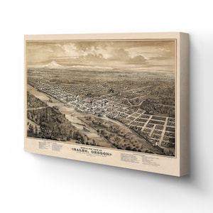 1876 Salem Oregon Map  -  Canvas Wrap Vintage Map of Oregon  -  Bird's Eye View of Salem Oregon From The West Looking East Wall Art Poster