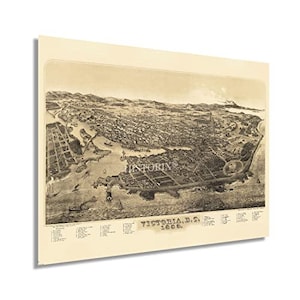 May include: An antique map of Victoria, B.C. from 1868. The map shows the city's layout with streets, buildings, and waterways. The map is printed in black and white on a cream-colored paper.