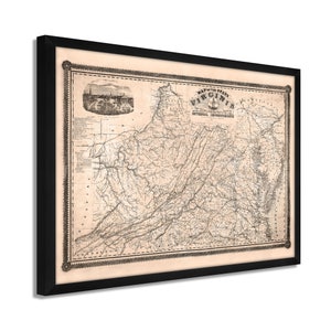 May include: A vintage map of the state of Virginia, showing internal improvements, including roads, canals, and railroads. The map is printed in black and white and features a decorative border.