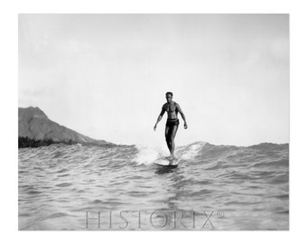 1929 The Surf Rider Photo Print - Restored Man Riding Wave on Surfboard - Honolulu Hawaii Surfing Poster Wall Art