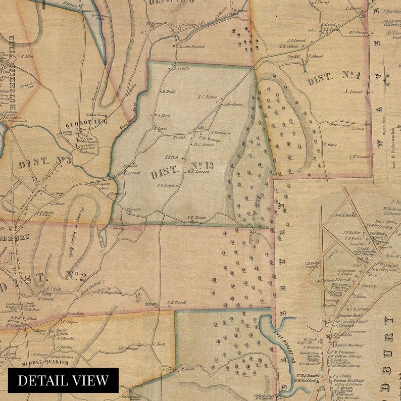 1853 Woodbury Town Map Old Wall Map of Litchfield County, Connecticut