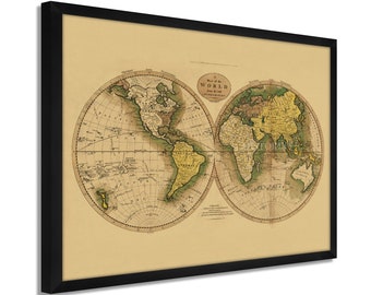 May include: A vintage map of the world, printed in brown, green, and yellow on a cream-colored background. The map is framed in black and shows the continents of North America, South America, Europe, Asia, Africa, and Australia.