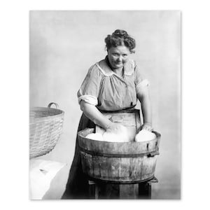1905 Woman Doing Laundry Photo Print - Vintage Photo of a Woman Doing Laundry in a Wooden Tub Poster Wall Art