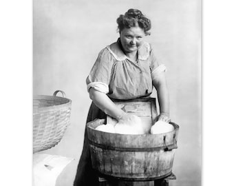 1905 Woman Doing Laundry Photo Print - Vintage Photo of a Woman Doing Laundry in a Wooden Tub Poster Wall Art