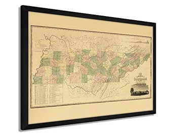 May include: A vintage map of the state of Tennessee, framed in black. The map is divided into squares, with green and pink colors representing different counties. The map is titled "A Map of the State of Tennessee".