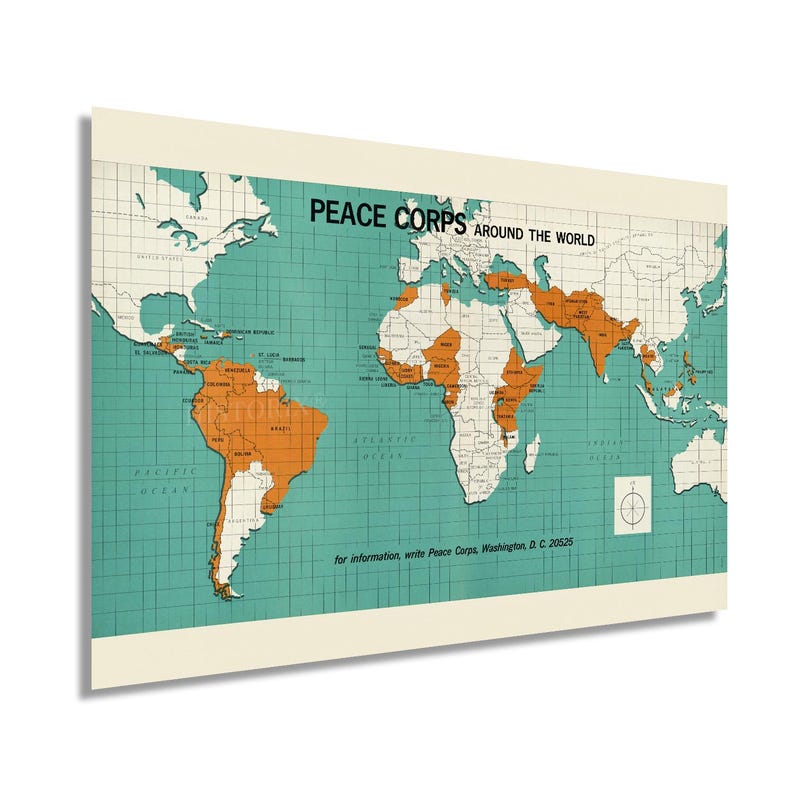 1966 Map of Peace Corps Around the World - Vintage Map of Peace Corps ...