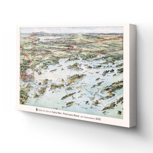 1906 Casco Bay Map - Canvas Wrap Vintage Map of Portland Maine - Bird&#39;s Eye View of Casco Bay Portland Maine & Surroundings Wall Art Poster