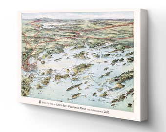 May include: A vintage bird's eye view map of Casco Bay, Portland, Maine and surrounding areas. The map is illustrated in watercolor and shows the coastline, islands, and waterways. The map is labeled with the names of various locations.