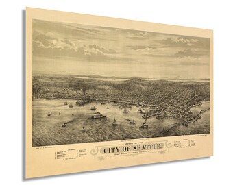 1878 Seattle Washington Poster - Vintage Map of Seattle Wall Art - Panoramic City of Seattle Map Poster - Seattle Map Art - Seattle Posters