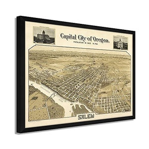 1905 Salem Oregon Map - Framed Vintage Salem City State of Oregon Map - Bird's Eye View of Salem Oregon Wall Art Poster