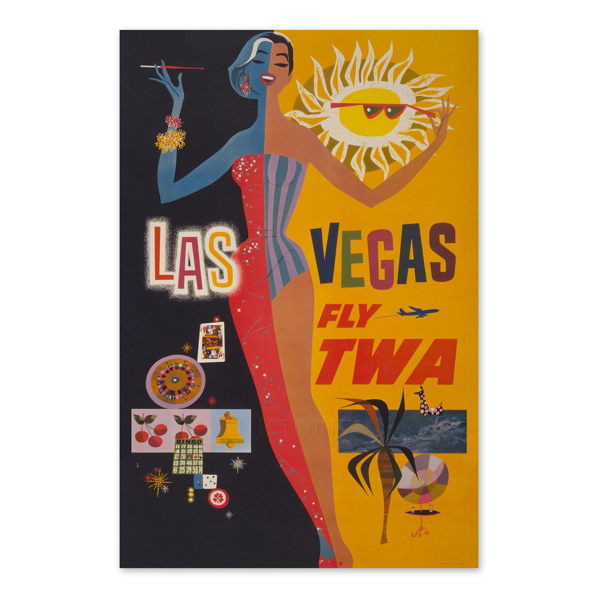 1960 Las Vegas Travel Poster Print - Vintage Airline Poster of Las