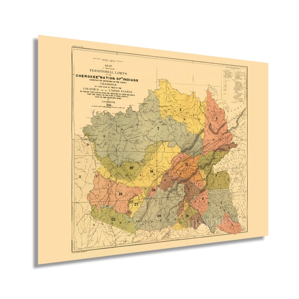 1884 Cherokee Indian Map - Vintage Map of The Former Territorial Limits of The Cherokee Nation - Old American Native Indian Map Wall Art