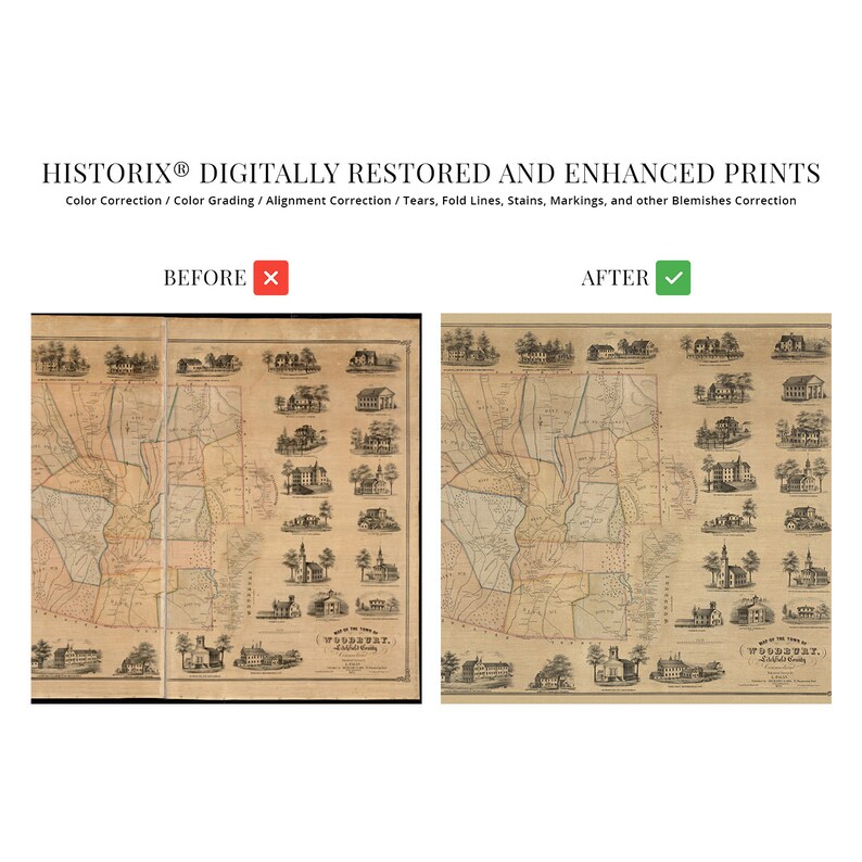 1853 Woodbury Town Map Old Wall Map of Litchfield County, Connecticut