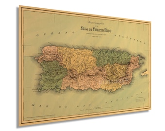 1886 Puerto Rico Map Wall Art - Mapa Topografico de la Isla de Puerto Rico - Vintage Map of Puerto Rico Poster - Puerto Rican Artwork Decor