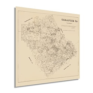 May include: A vintage map of Comanche County, Texas, showing the county's boundaries and the surrounding counties. The map is printed in black and white on a cream-colored background.