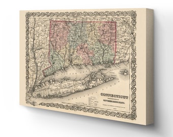 1859 Connecticut Map Canvas -  Canvas Wrap Vintage Connecticut Map -  Wall Map of Connecticut - Restored Connecticut Map Wall Art Poster