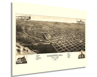 May include: An antique, sepia-toned bird's-eye view map of Bismarck, Dakota, from 1883. The map shows the city's layout, including streets, buildings, and the Missouri River. The map is surrounded by a white border and includes a key with numbered points of interest.