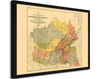 1884 Cherokee Nation History Map - Framed Vintage Map of Indian Tribes - Old Cherokee Nation Wall Map - American Indian Map Wall Art Poster