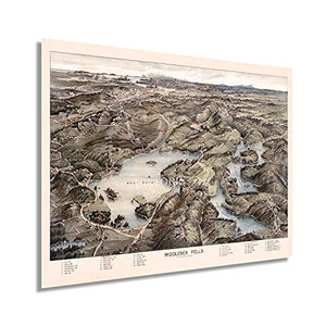 May include: An antique map of Middlesex Fells, a large park in Massachusetts, with a detailed illustration of the area's lakes and forests. The map is printed in brown and black ink on a cream-colored background.