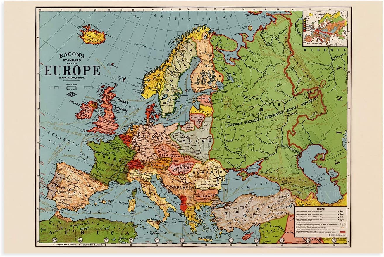 1925 Map of Europe Vintage Map Europe Wall Art Bacon's - Etsy