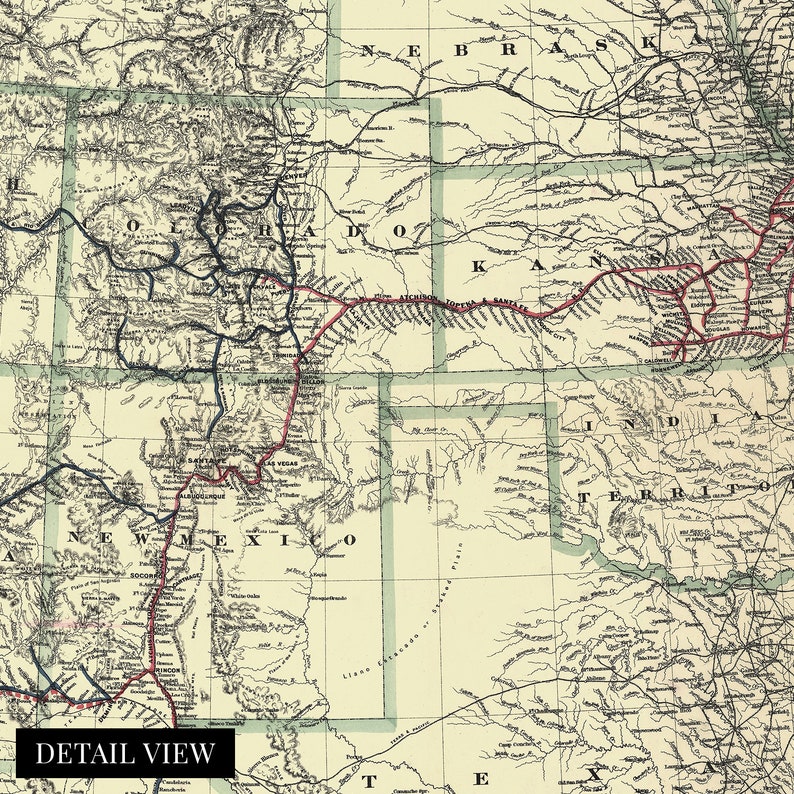1883 Map of Atchison Topeka Santa Fe Railroad System History - Etsy
