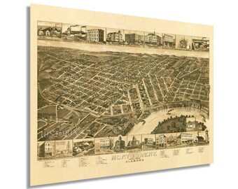 1887 Montgomery Alabama Map Poster - Vintage Perspective Map of Montgomery Wall Art - Old Birds Eye View of Montgomery Alabama Map Poster