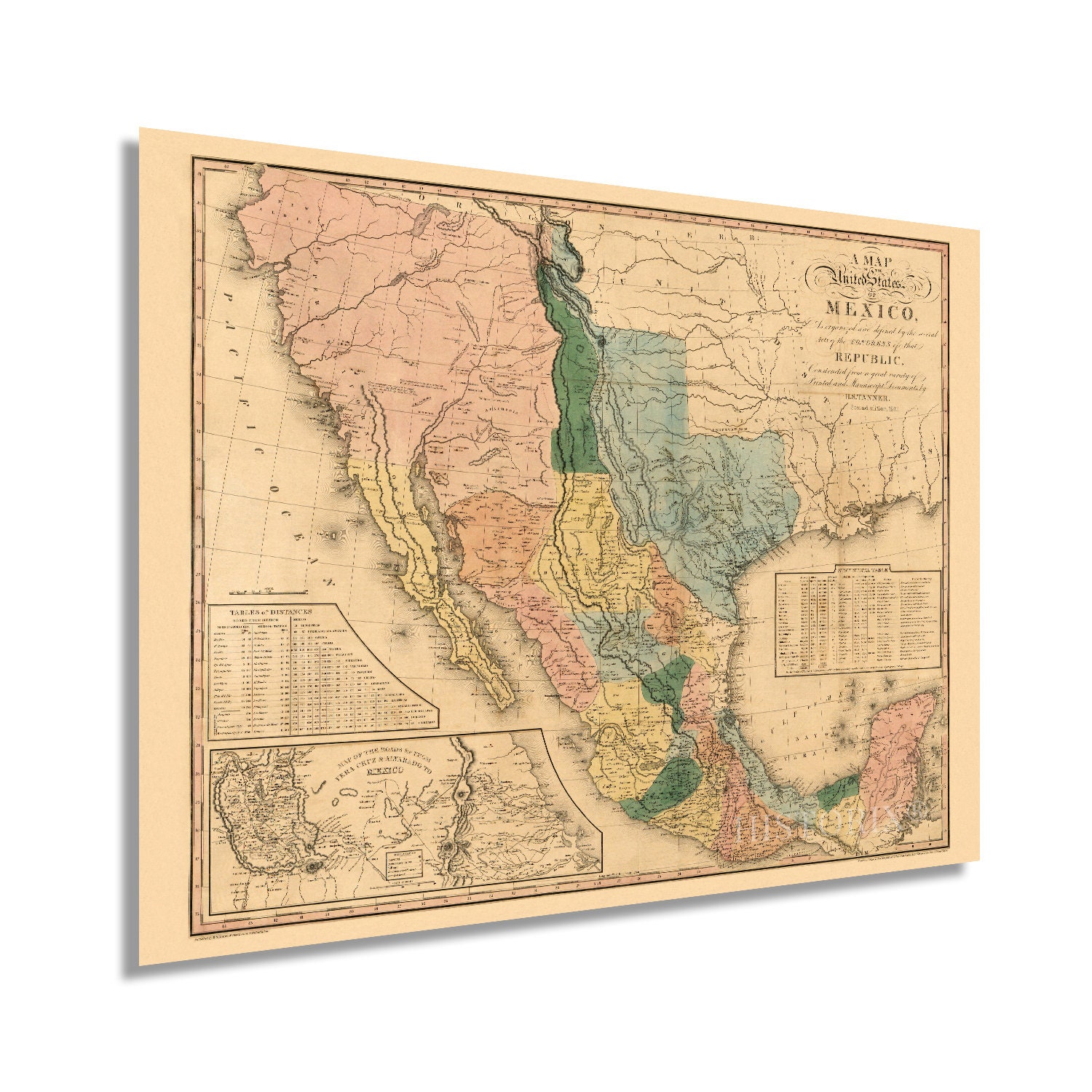 1846 Vintage Mexico Map Poster - 18x24 Inch Old United States Of Mexico Wall Art - Historic Map Print Ready To Frame