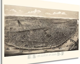 May include: A vintage black and white aerial view of St. Louis, Missouri in 1895. The city is shown with its streets, buildings, and the Mississippi River. The text "St. Louis in 1895." is printed at the bottom of the image.