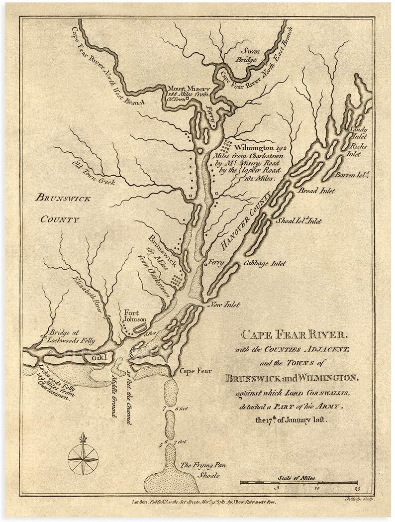 1781 Cape Fear River Region Map - Vintage Map of Wilmington and ...
