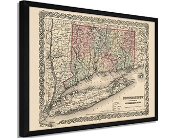 1859 Connecticut Map Art - Framed Vintage Wall Map of Connecticut - Old Connecticut Map - Restored Connecticut State Map Wall Art Poster